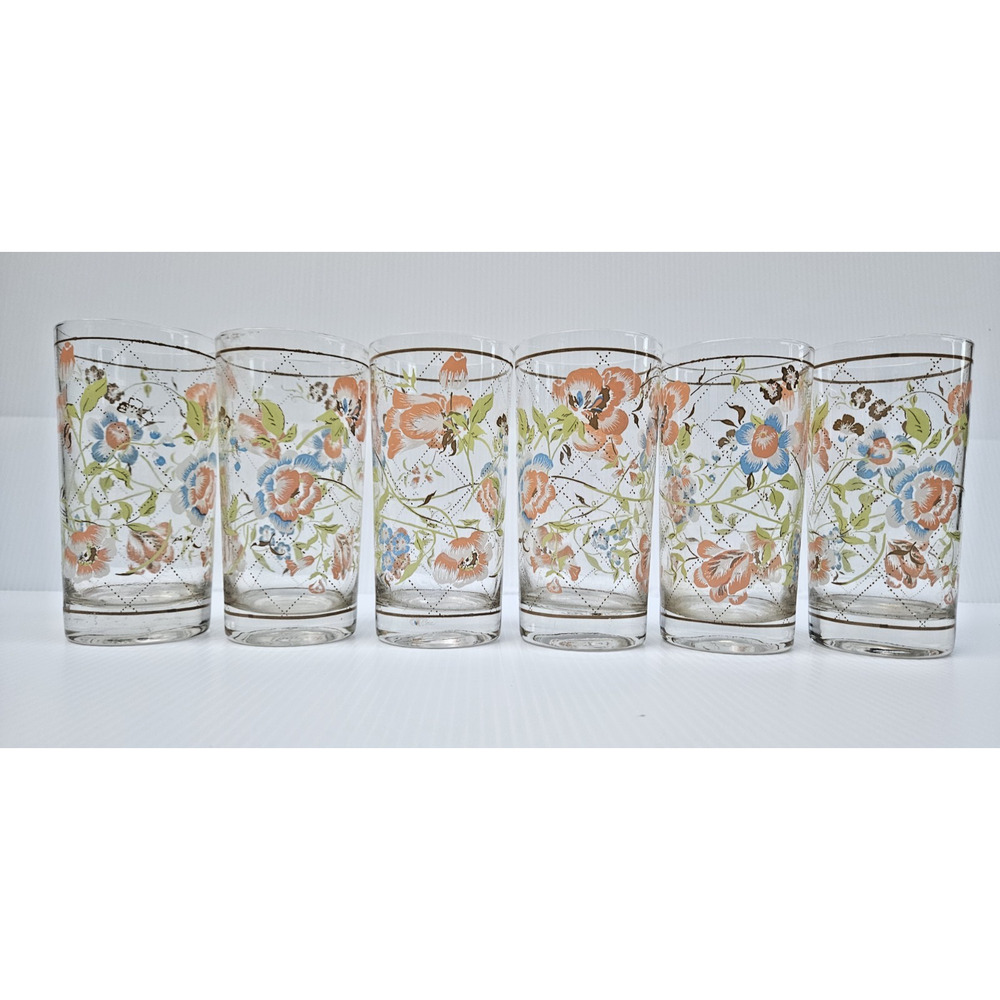 Vintage Set of 6 Signed Cora Tumbler Glasses Floral Pattern Drinkware 6”